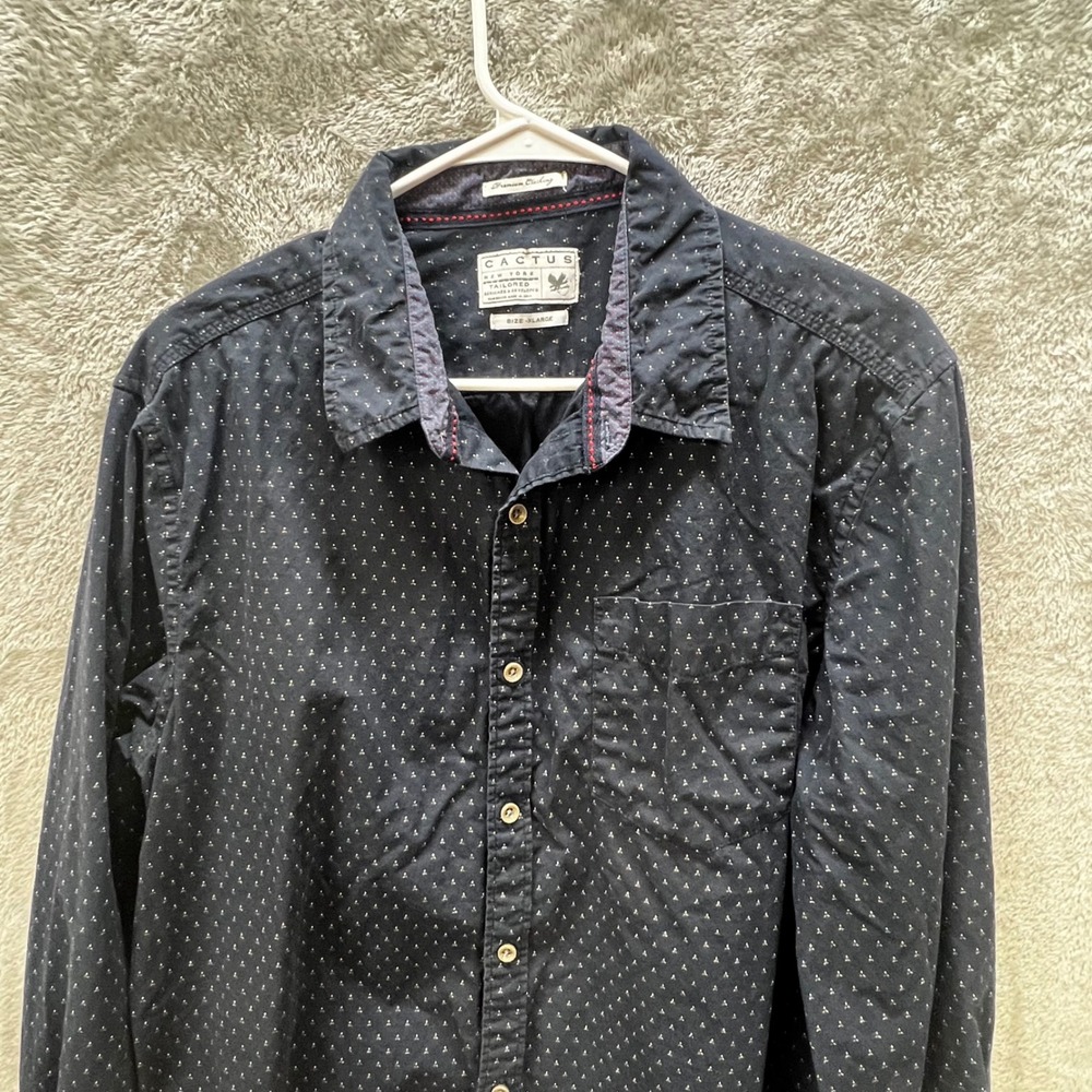 Cactus New York Mens XL Navy Blue Micro Print Cotton Button‎ Down Shirt Tailored